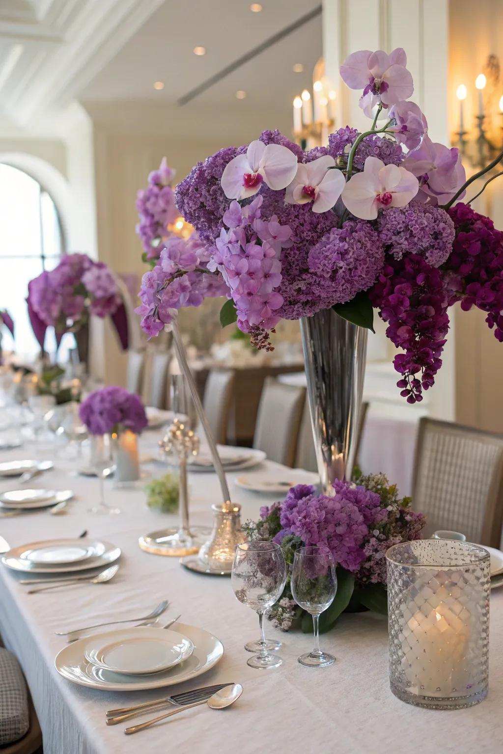 Abundant violet floral focal points fashion an unforgettable atmosphere.
