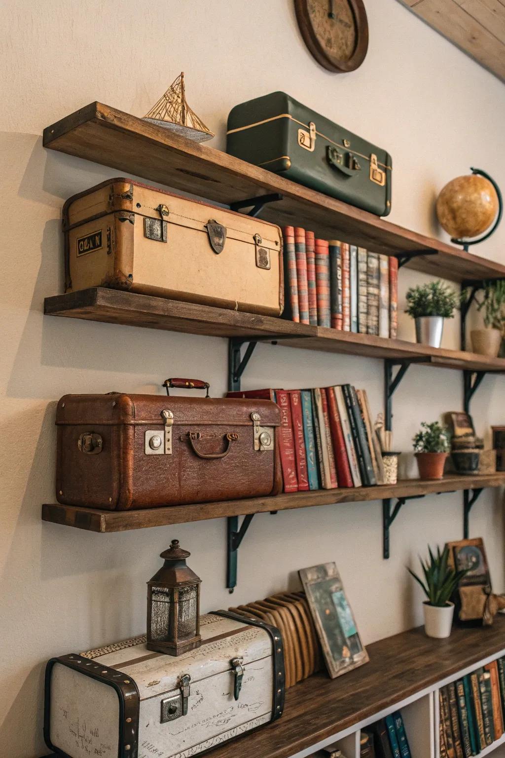 Traveling cases creatively repurposed as appealing shelving.