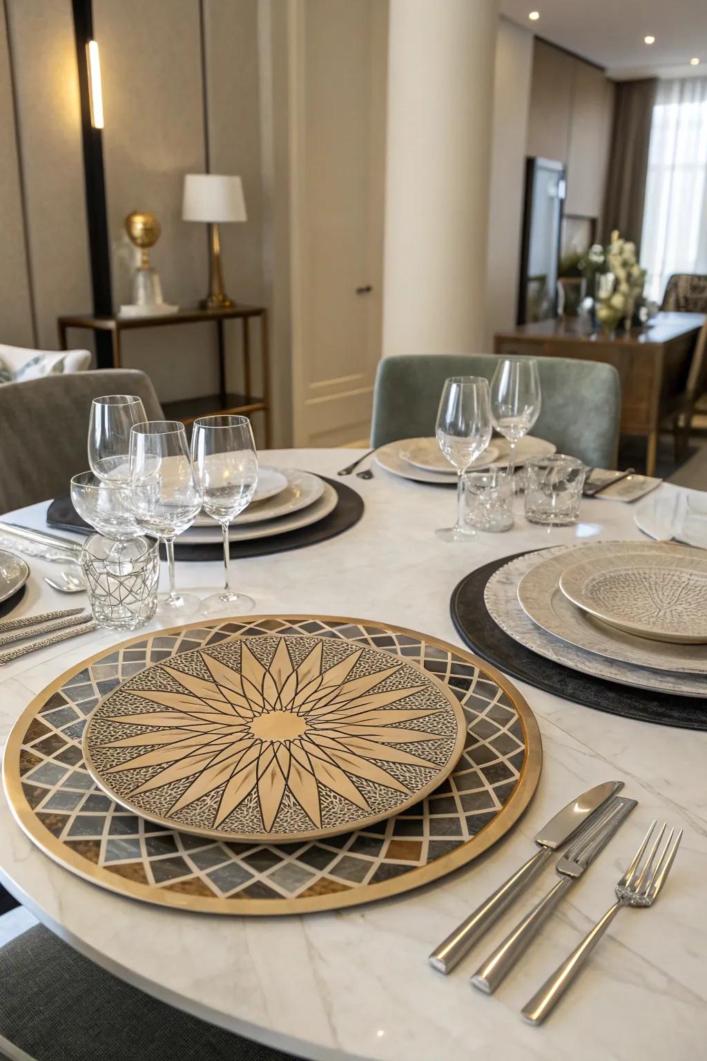 A dining table enhanced with a geometric radial design centerpiece.