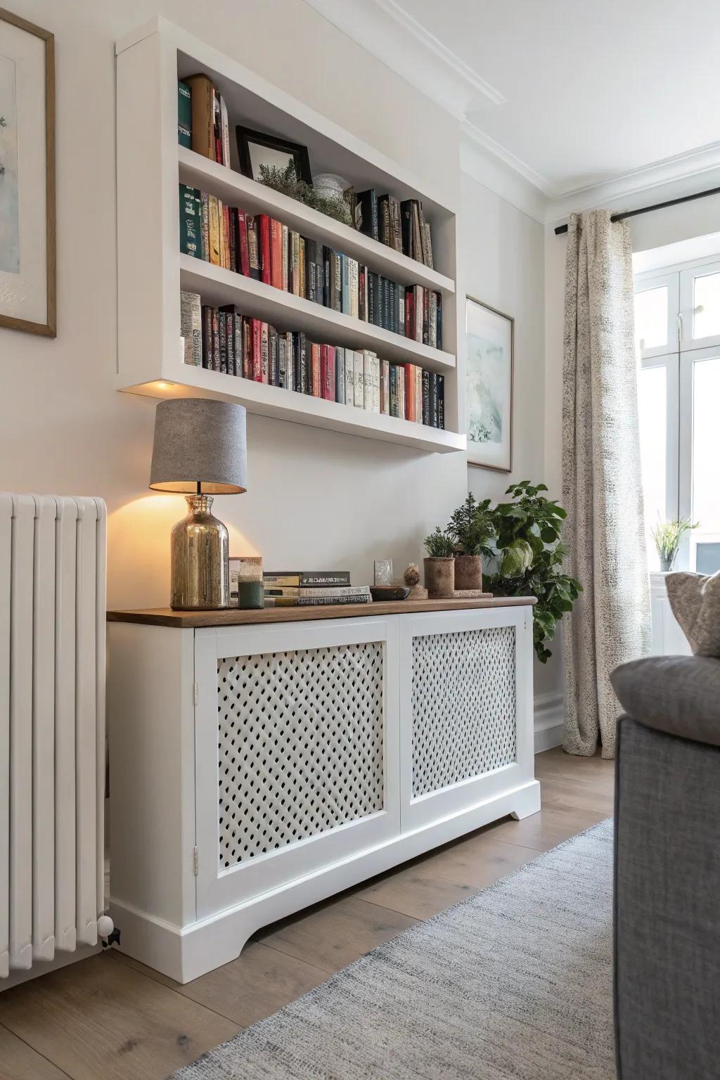 A radiator concealment with a shelf offers more room for books and decorations.