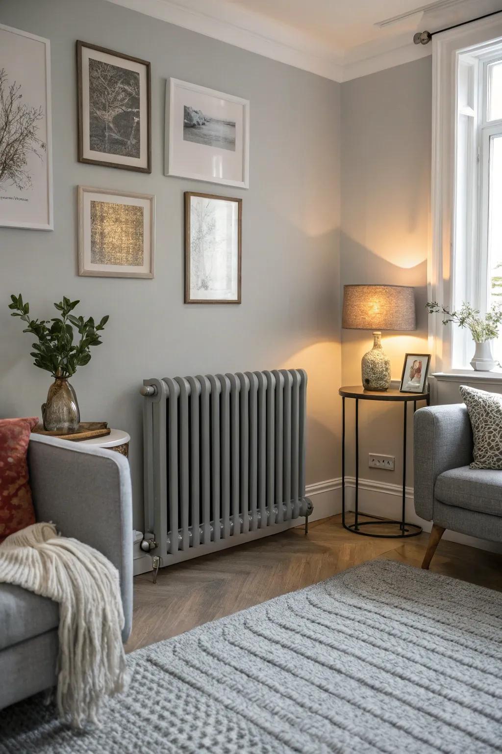Delicate gray radiators radiate understated elegance.