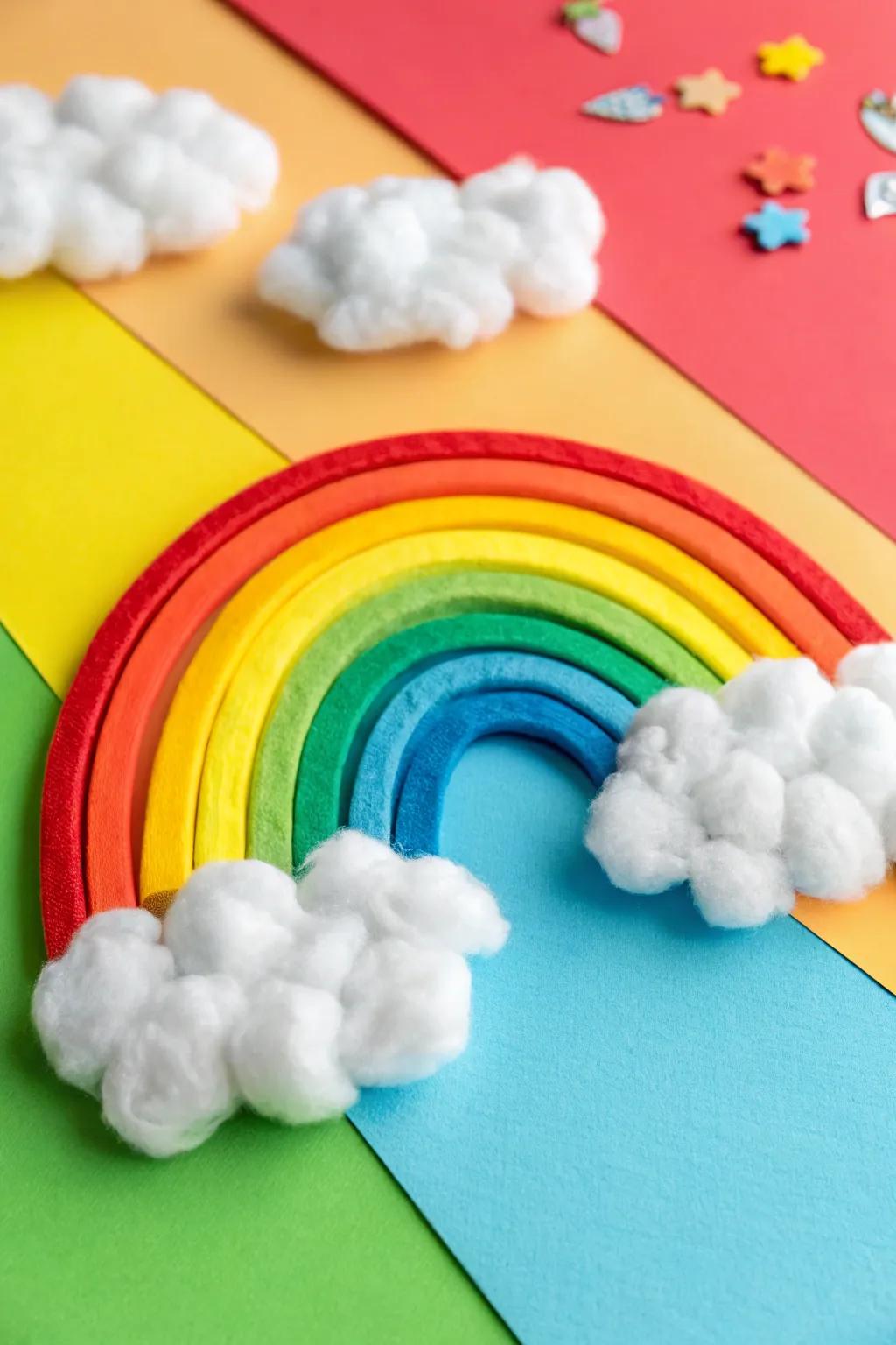 Fluffy cotton ball clouds enhance this colorful rainbow craft.