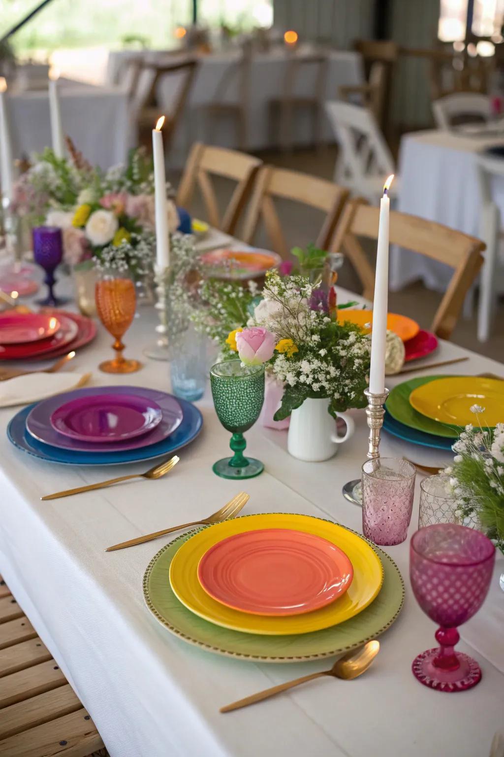 A beautifully arranged table at a wedding, adorned with decorations in rainbow hues.