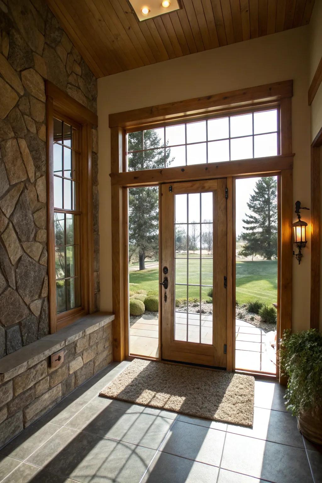 A beautiful door with glass panels lets light in and makes the entryway look better.