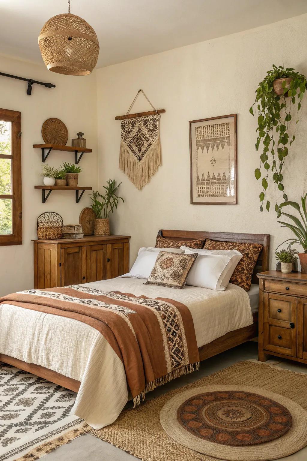 A bedroom decorated with organic shades of browns and creams, fostering a cozy ambiance.