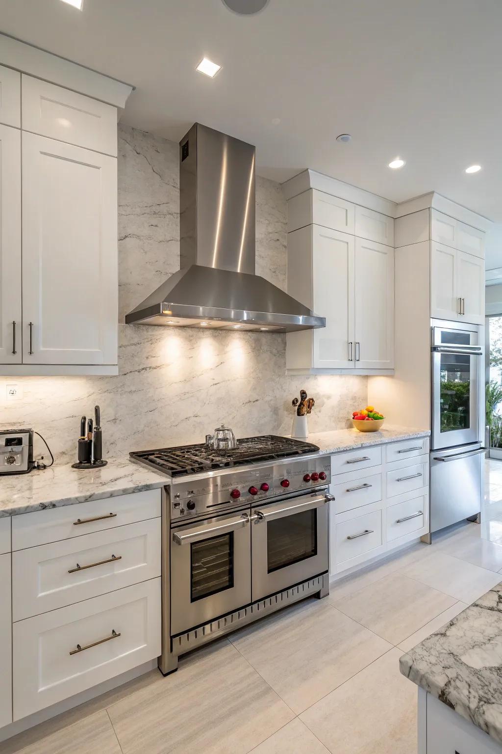 Sleek and modern metal range hood for a contemporary kitchen.