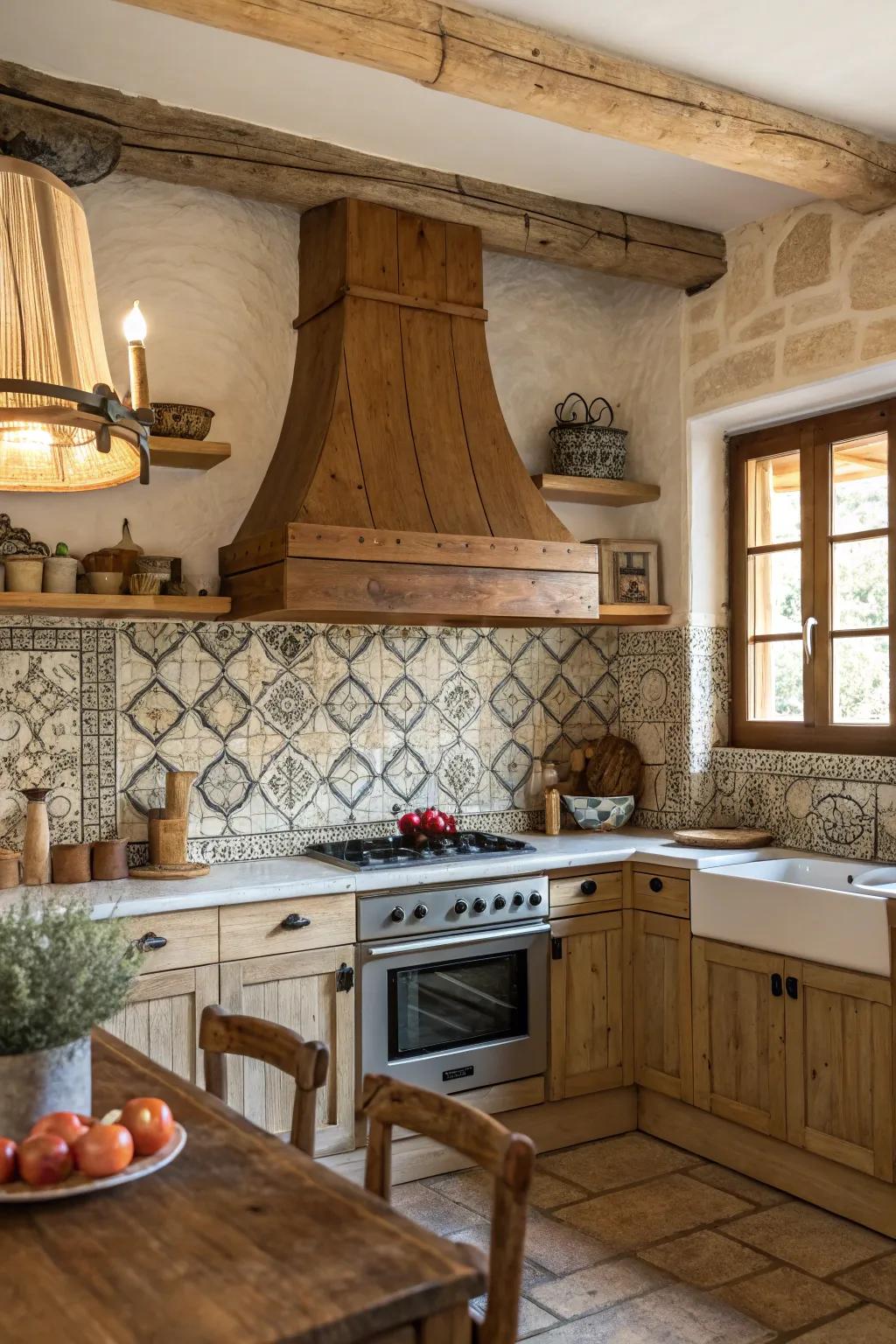 Cozy kitchen featuring a wooden range hood complemented by a quaint tile backsplash.