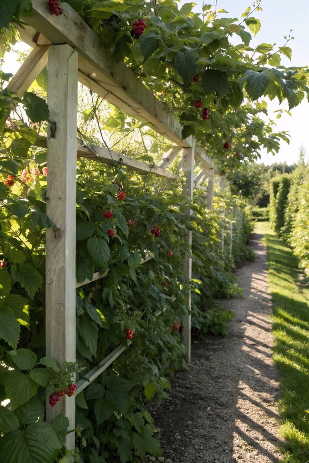 A Stick Trellis furnishes strong support for raspberry branches.