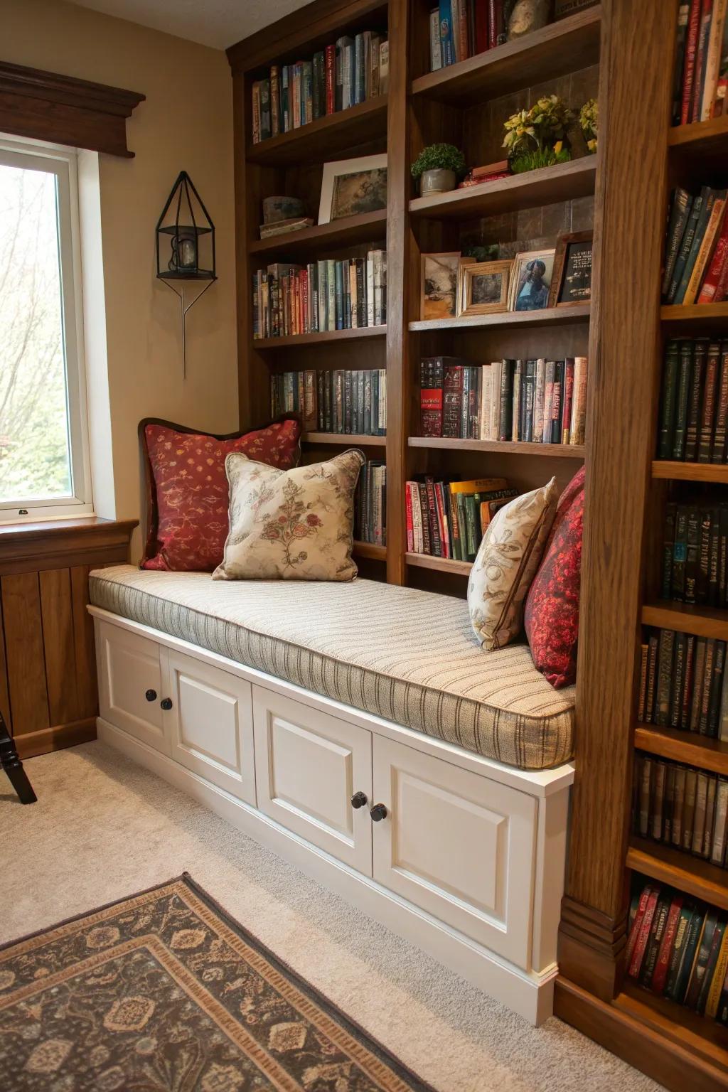 A reading nook featuring concealed spots for storing books and other items.
