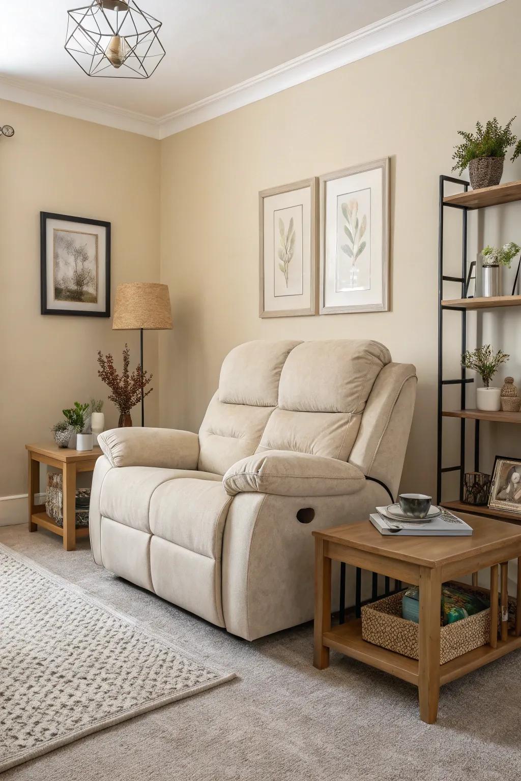 A peaceful living room featuring an understated recliner sofa that coordinates seamlessly with the design.