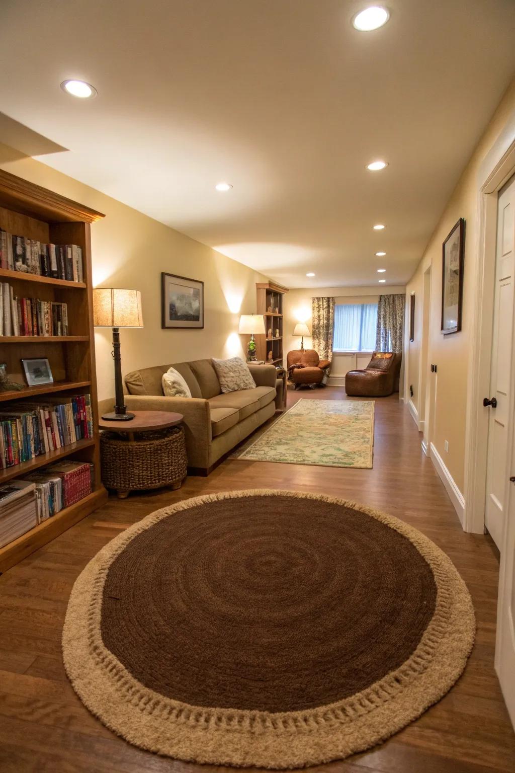 Floor coverings define different areas in a long slim living room.