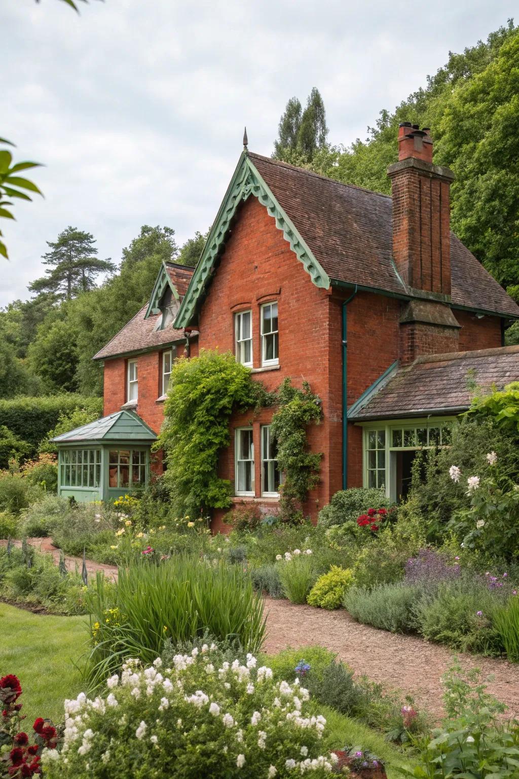 Grey-green trim offers an organic and sophisticated accent to red brick homes.