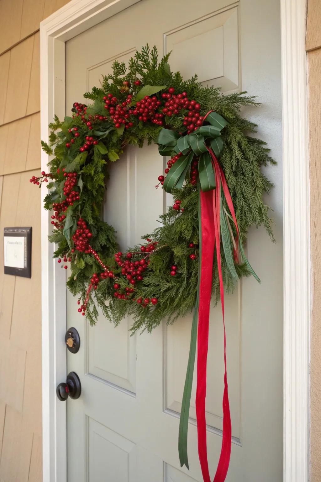 A jubilant garland featuring red highlights, extending a cordial greeting.