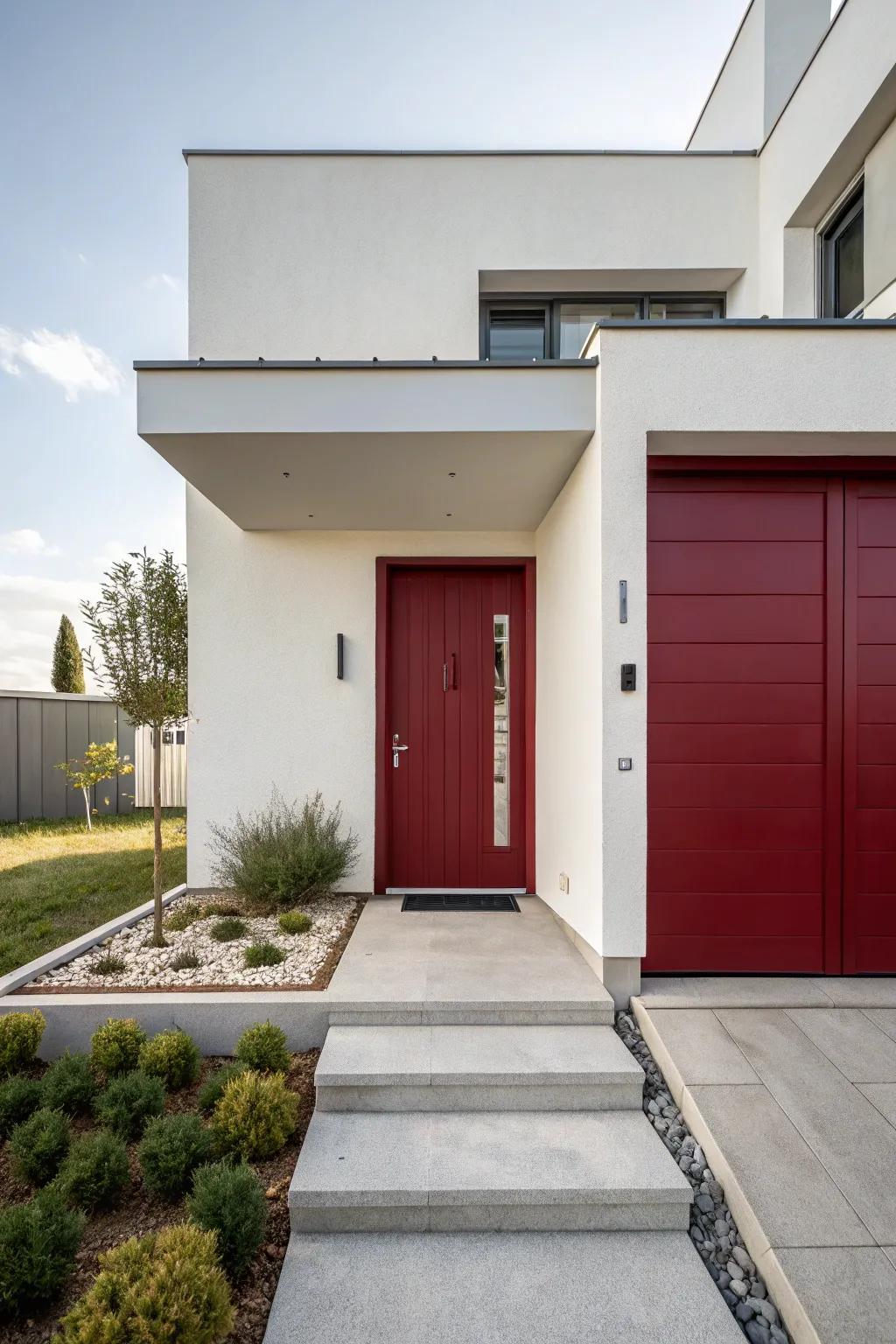 A modern residence showcasing a crimson door, balancing warmth with minimalism.