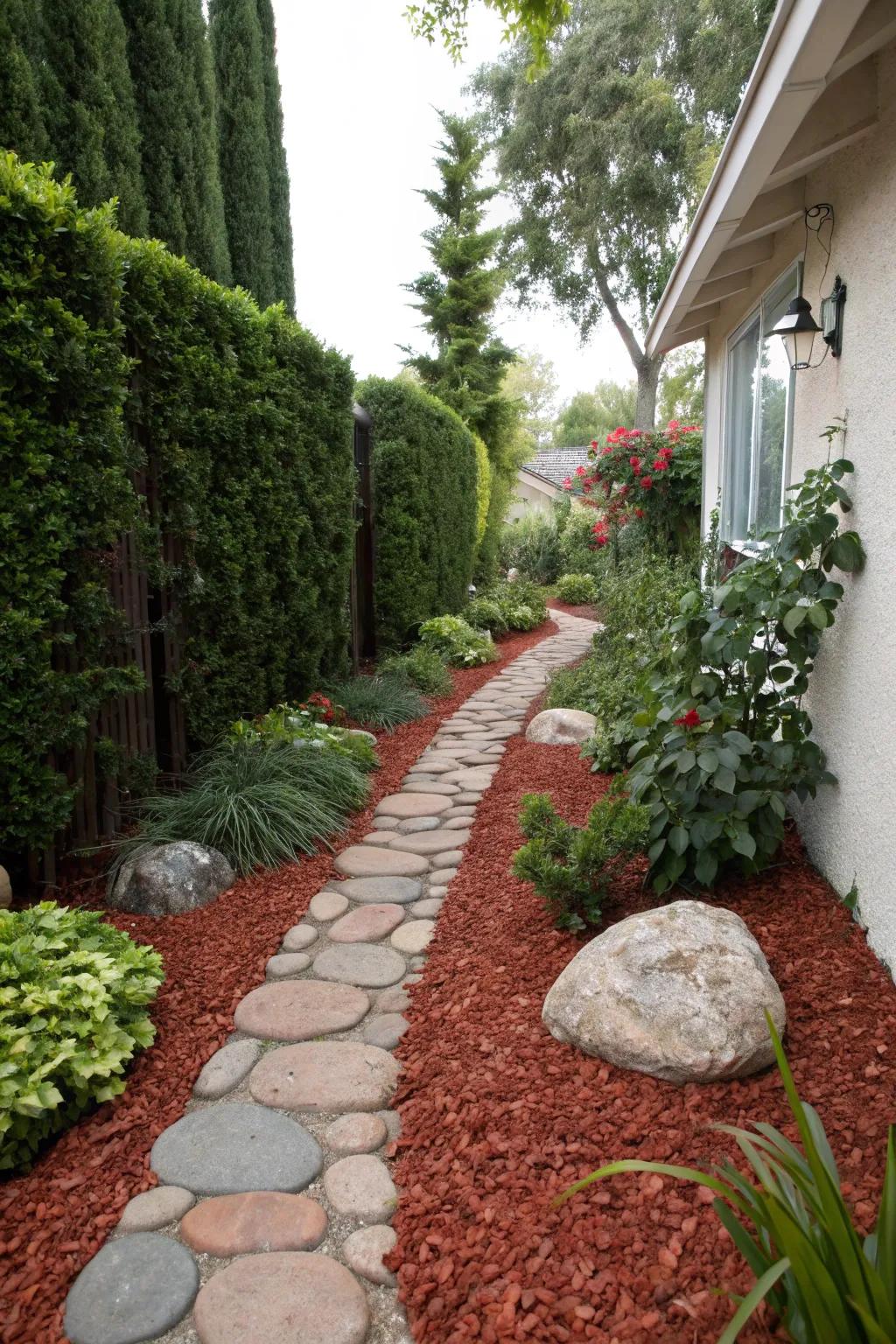 Garnet ground cover defines garden paths, introducing both charm and practicality.