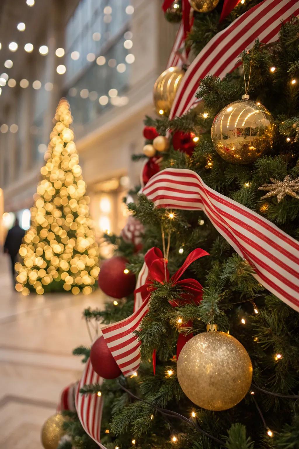 Playful bands add a cheerful element to the crimson, snow-white, and gold tree.