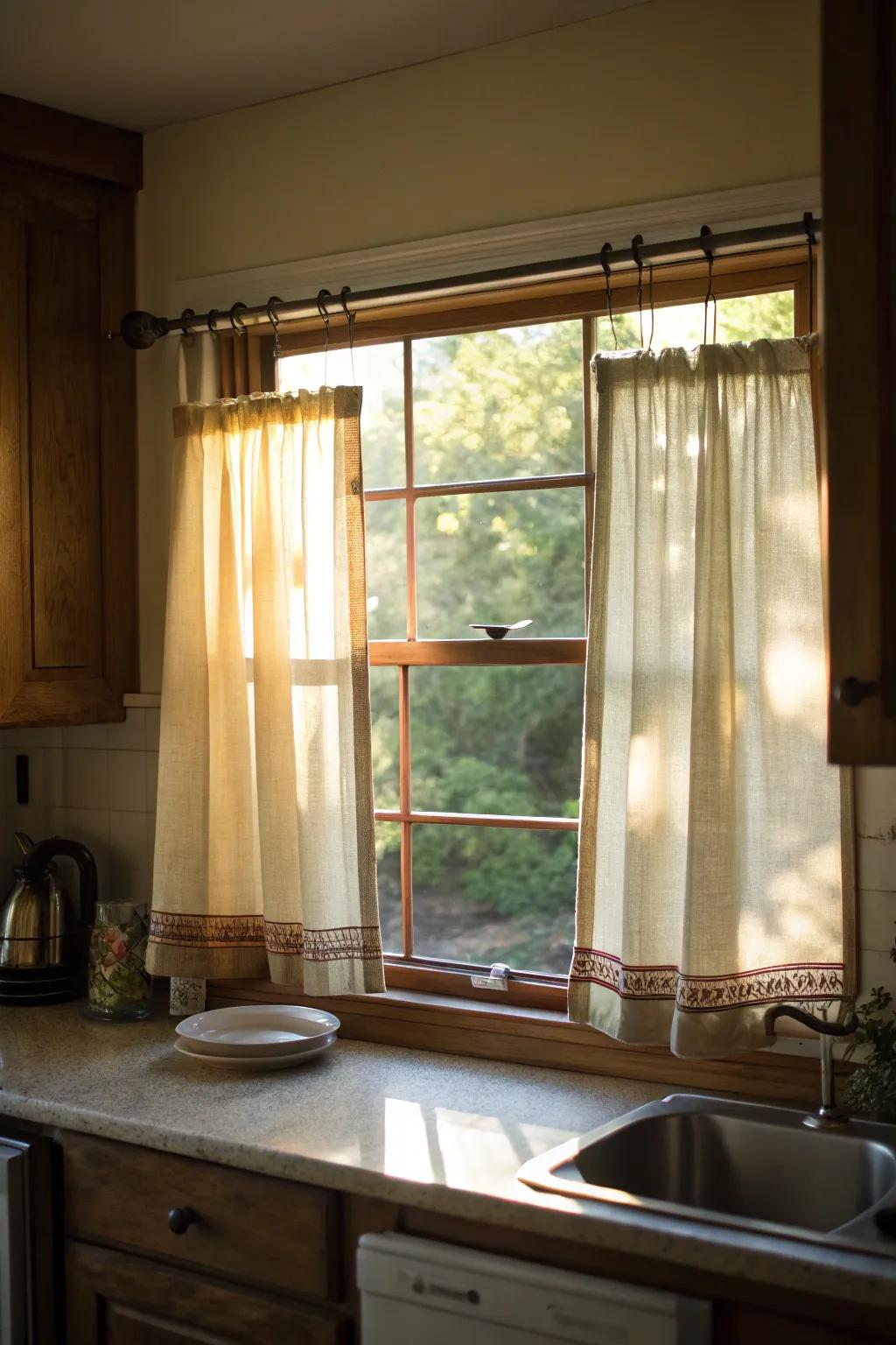 Lovely café curtains suspended with a spring rod offering a no-drill option.