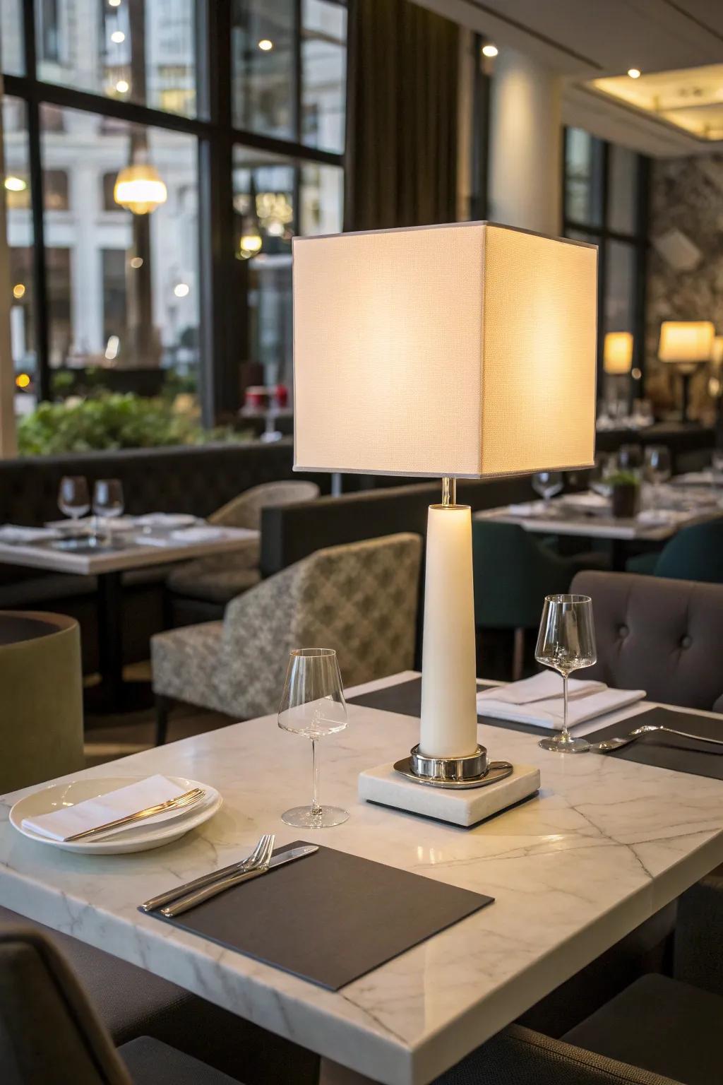 A modern minimalist table lamp on a restaurant table with a sleek design.