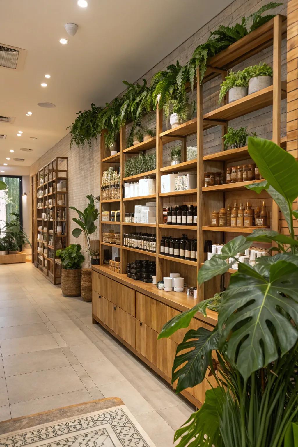 Organic components such as wood and plants infuse a peaceful touch into retail settings.