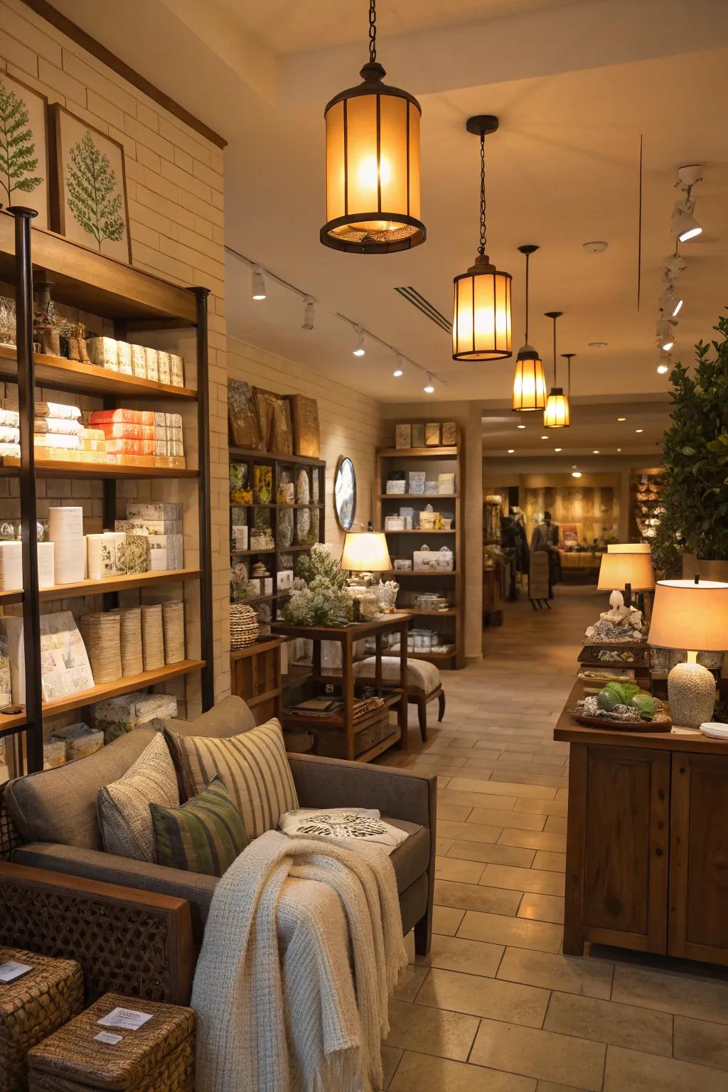 Ambient lighting spreading a cozy radiance throughout a store.