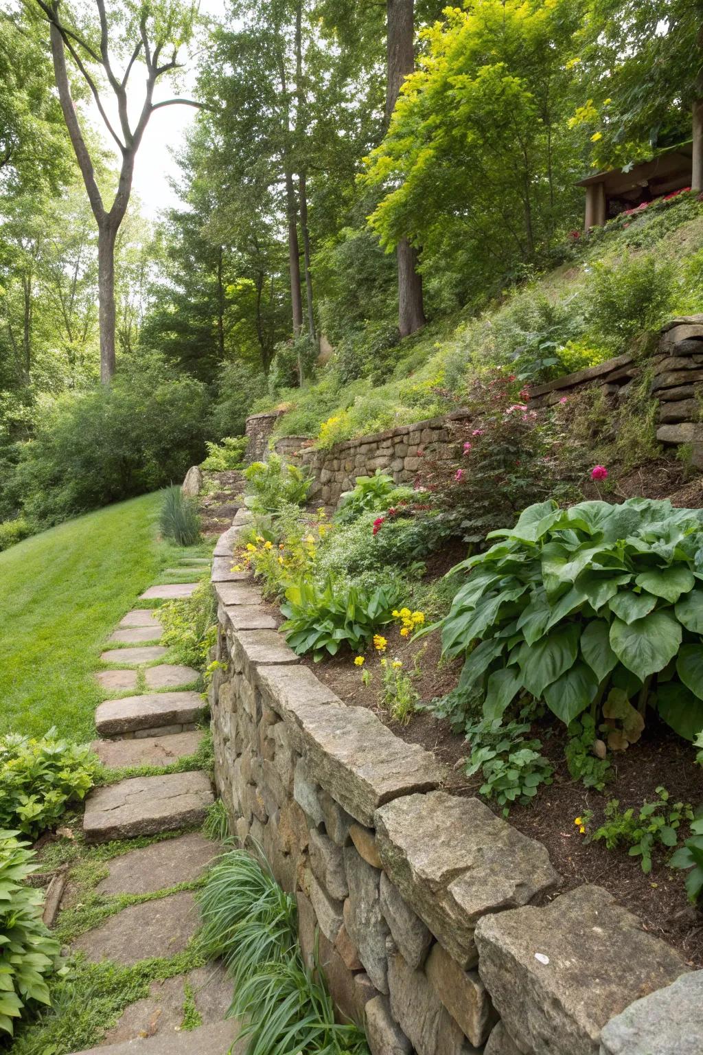 Organic stone walls enhance countryside charm and functionality across any incline.