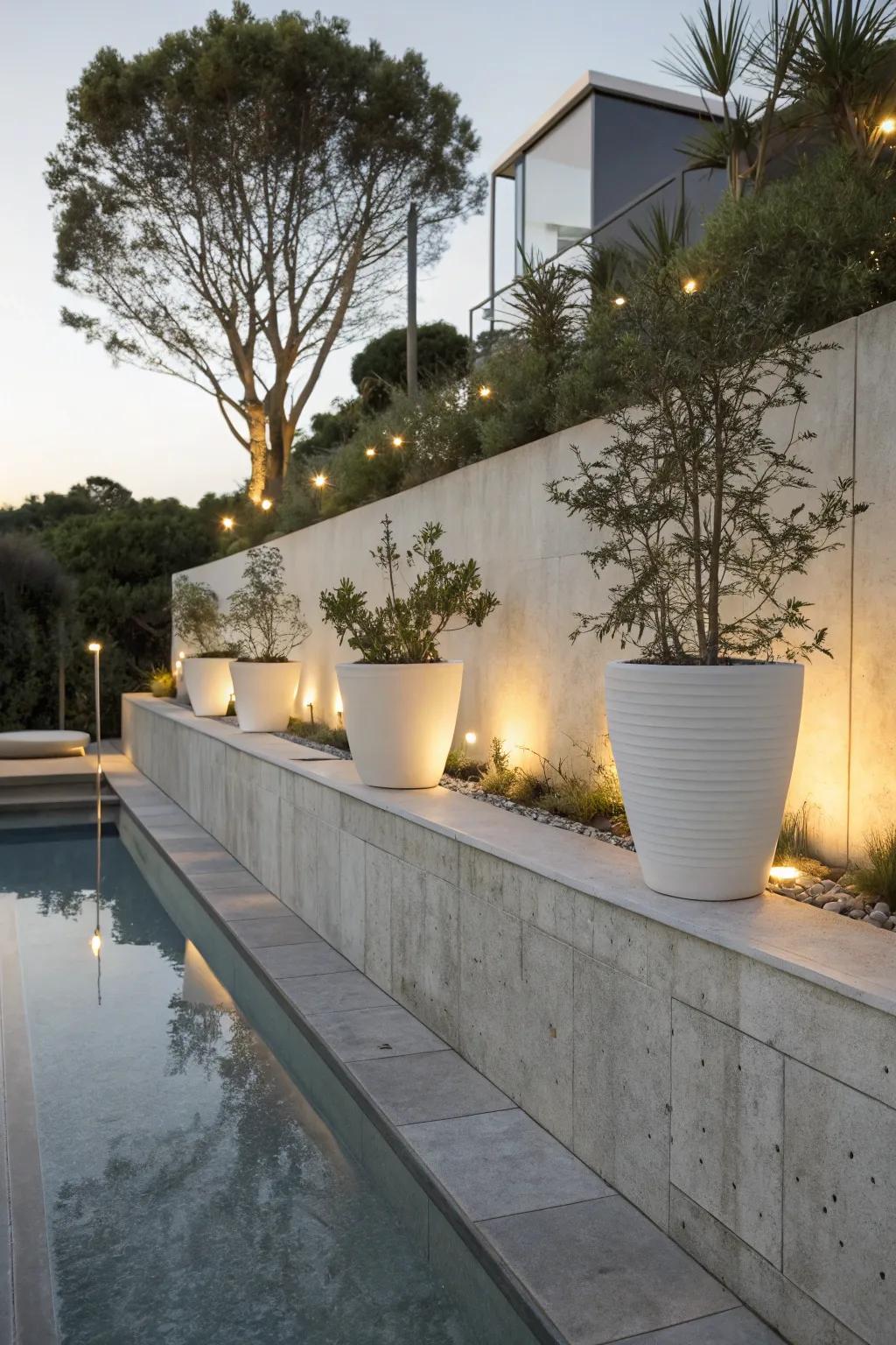 Modern concrete retaining wall enhanced by minimalist design elements.