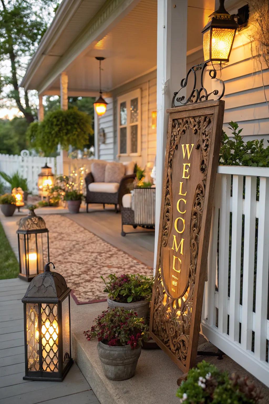 A welcome sign greets guests with elegance and warmth.