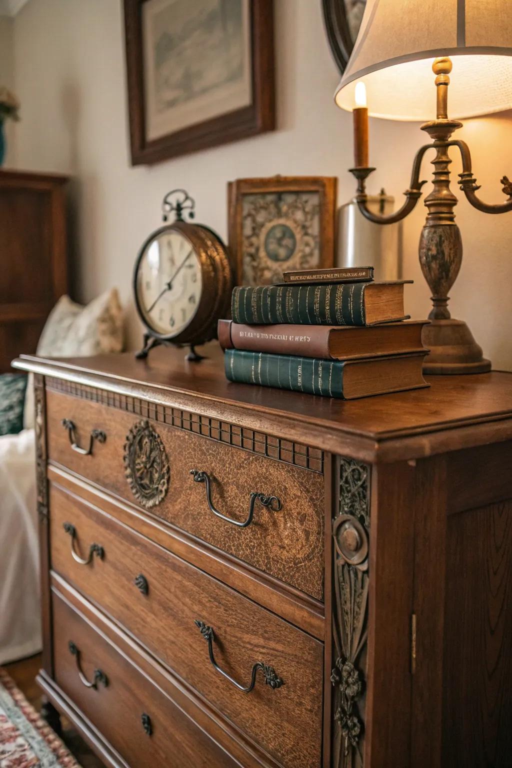 Vintage dresser introduces refinement and utility.