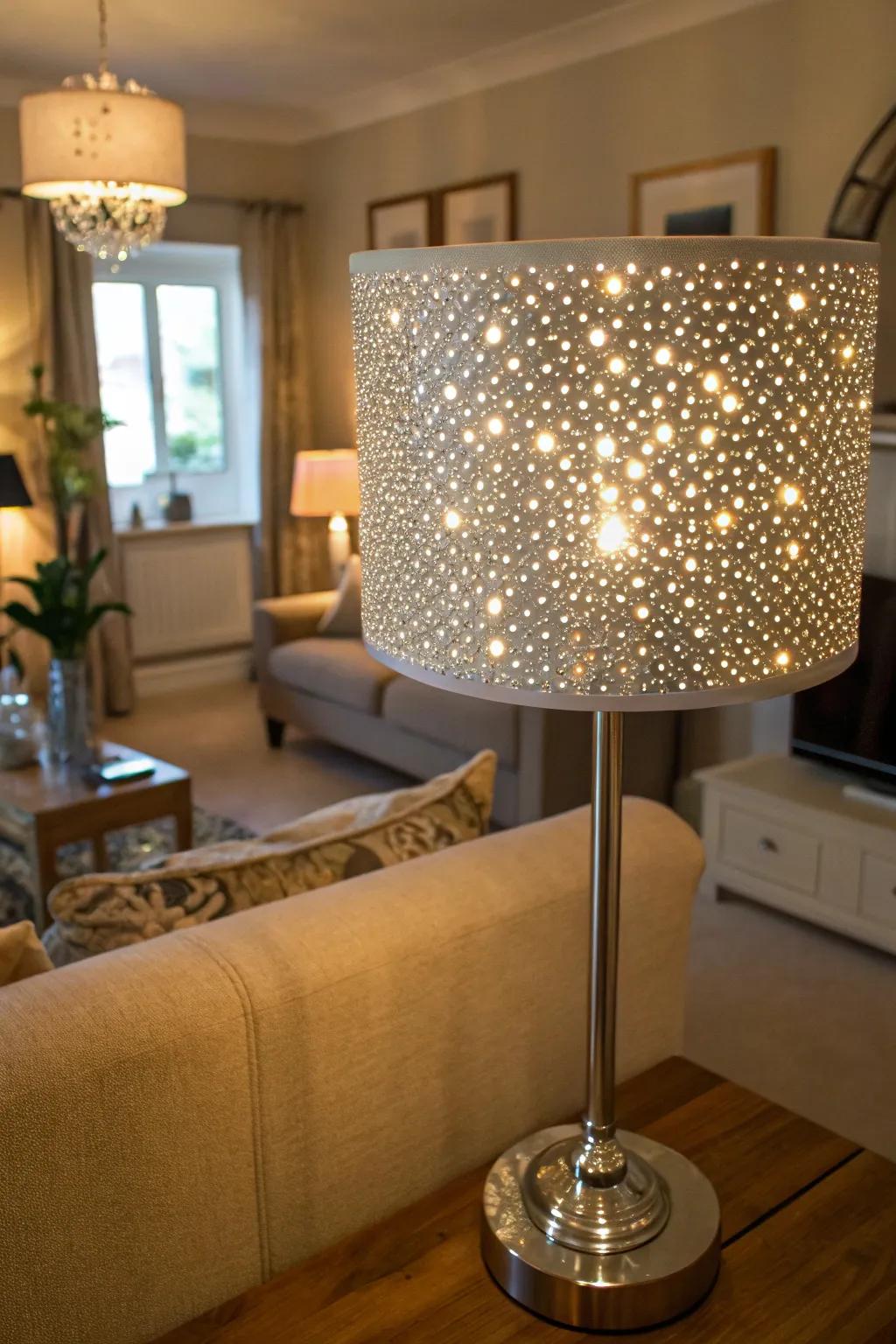 Scatter pattern adhesive gems produce an eccentric glow.