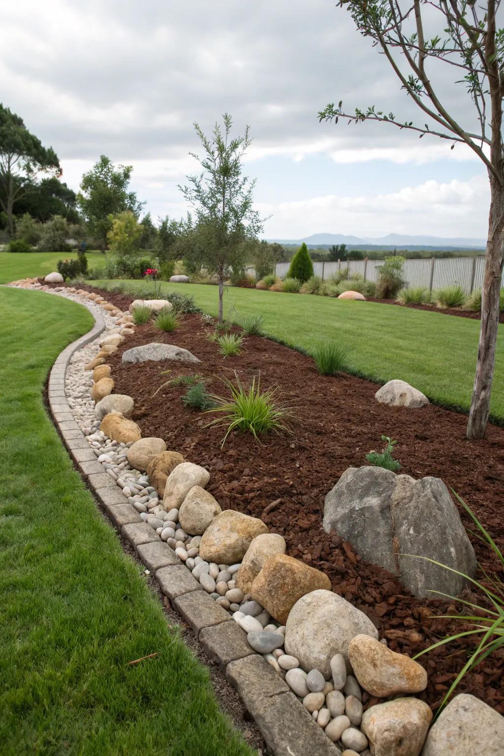 Clearly defined borders with stones offer a clean, finished aesthetic.