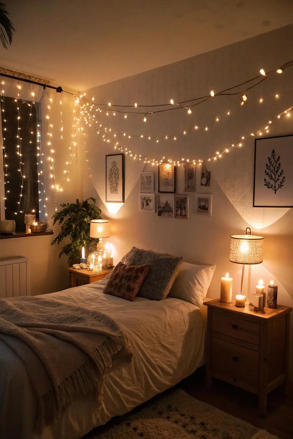 Gentle lighting, featuring candles and lamps, enhances the romantic feeling.