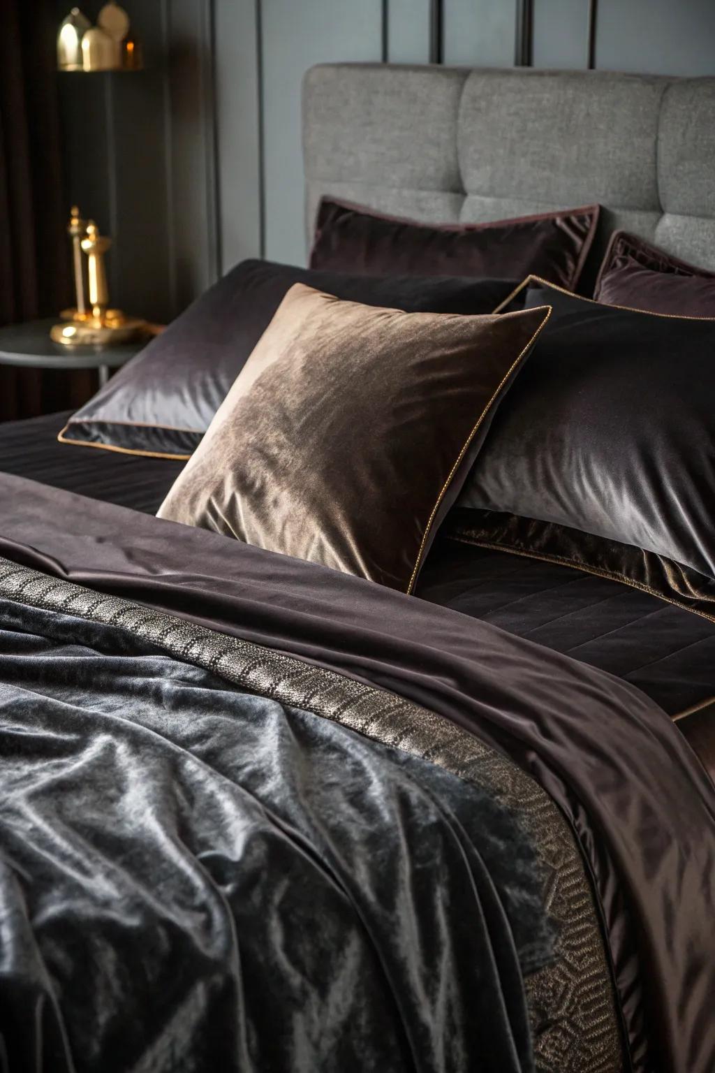 Sumptuous velvet and silk textiles accentuate the gothic refinement of the bedroom.