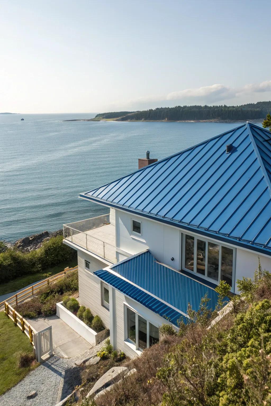 A sky-blue metal roof introduces a burst of color and contemporary flair.