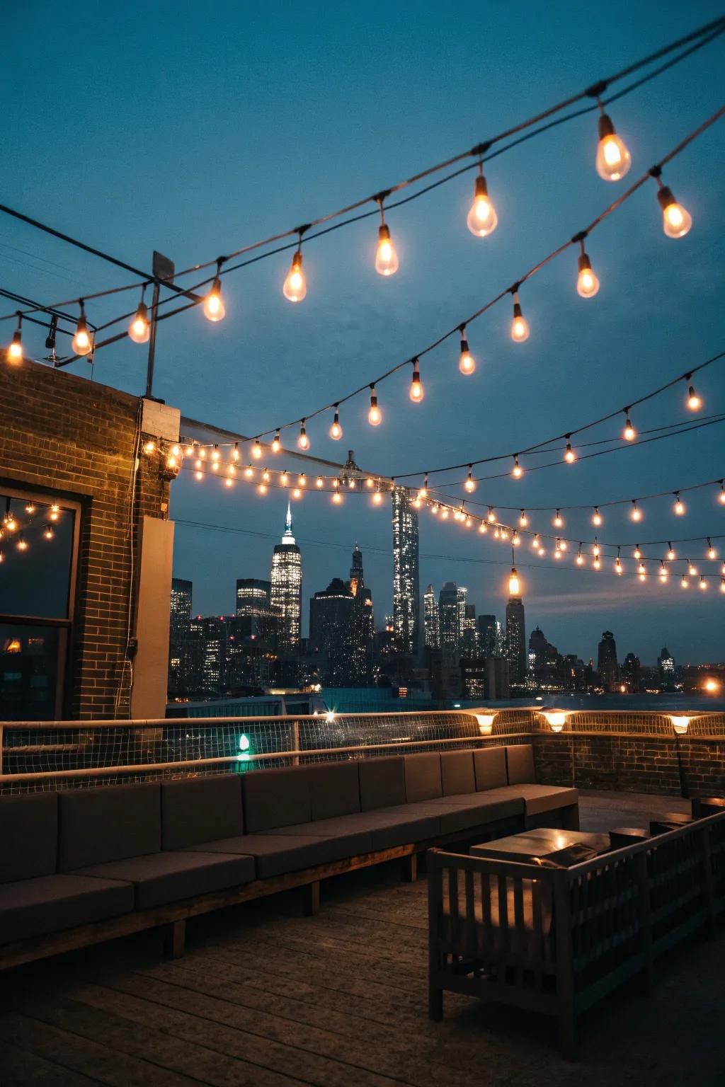 Glowing fairy lights create a magical ambiance for rooftop evenings.