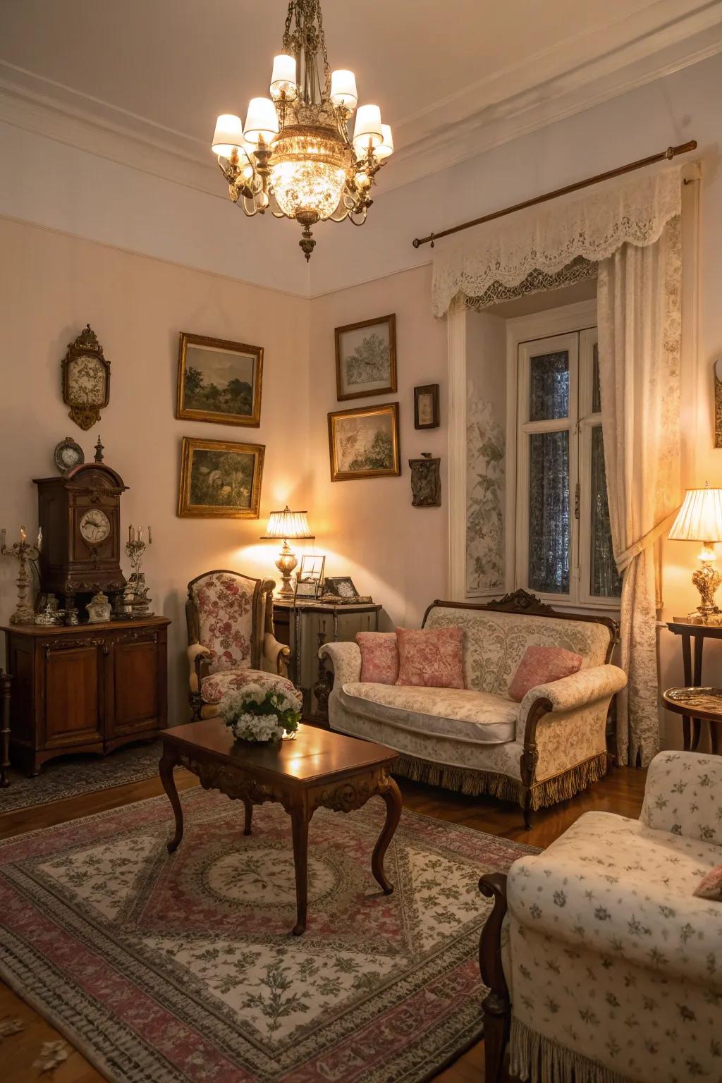 A living room with historical romantic hues and vintage charm.