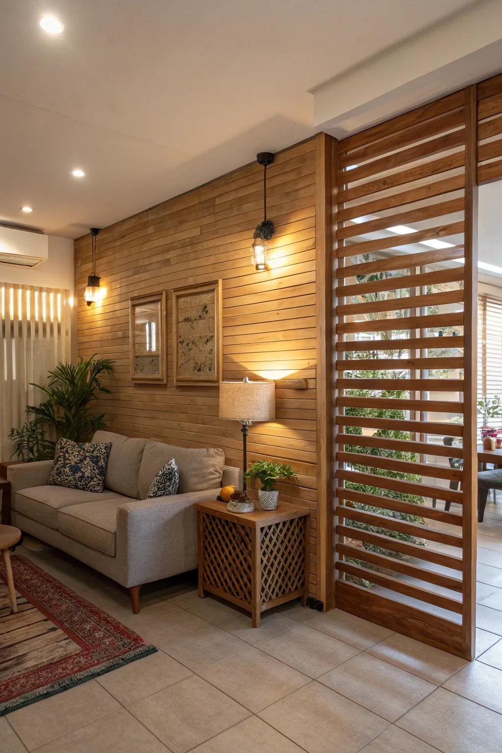 A welcoming living space showcasing a timber slat partial wall, optimizing natural light.
