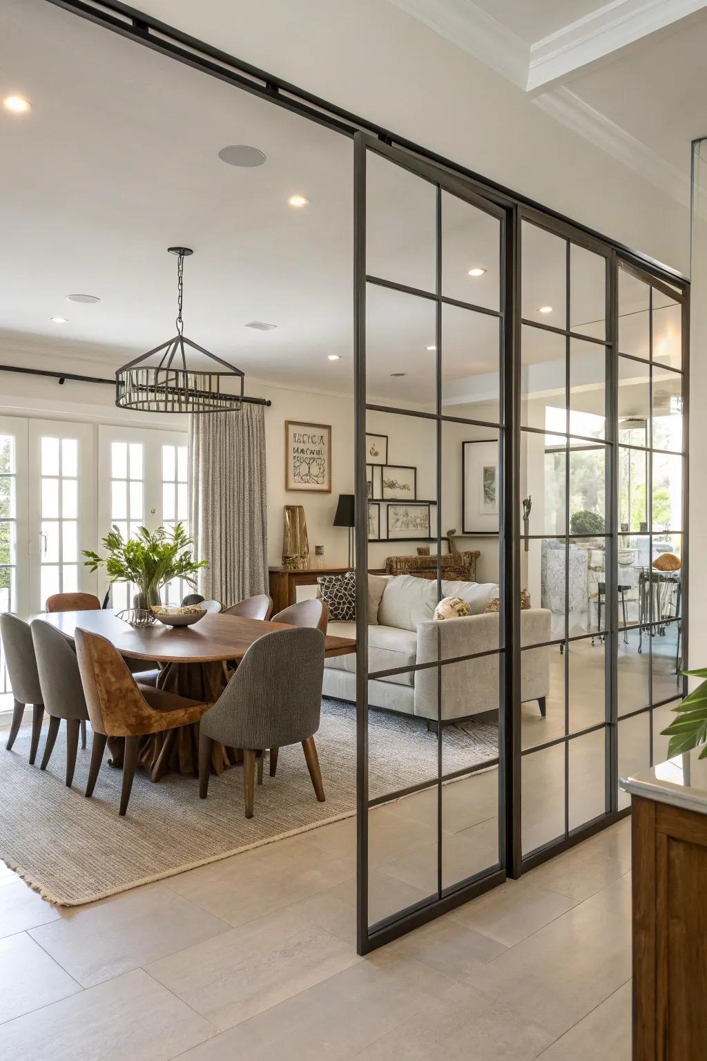 Metal and glass dividers give a smooth, industrial aspect to any home environment.