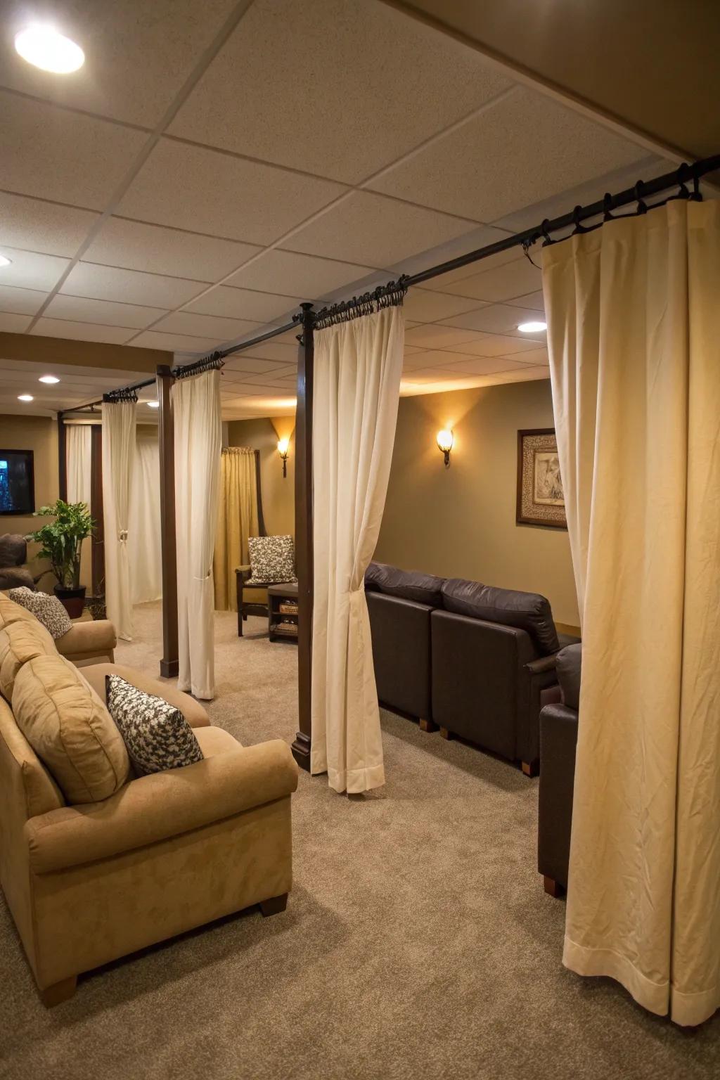 Curtains provide a versatile and fashionable approach to dividing basement spaces.
