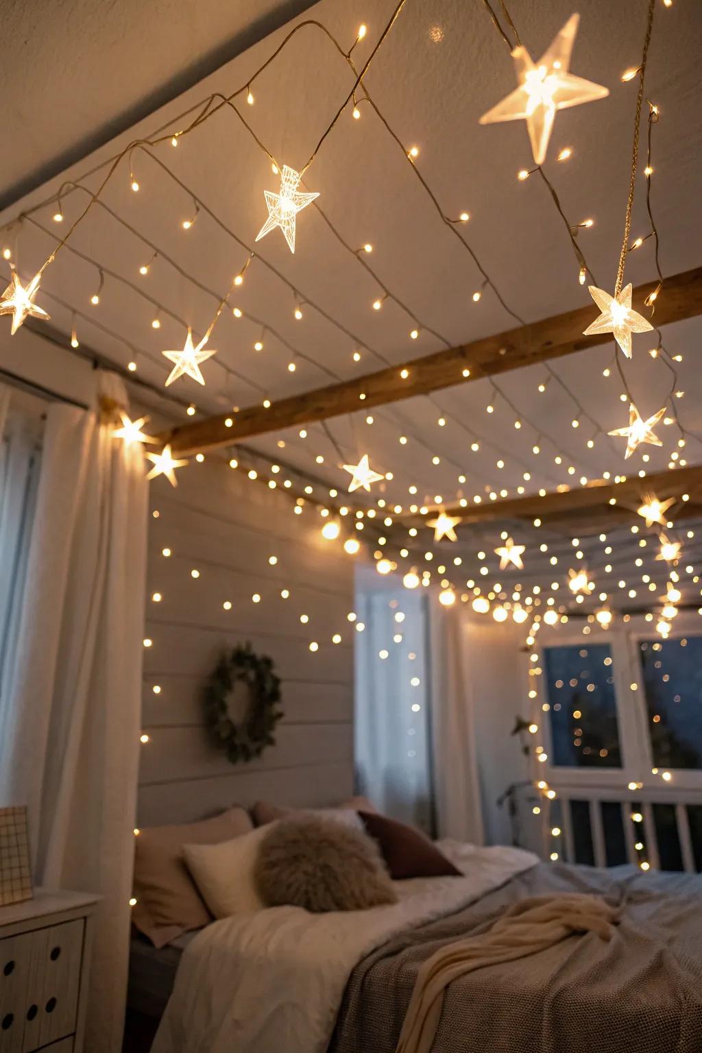 Dream peacefully under a star-filled expanse created by LED string lights.