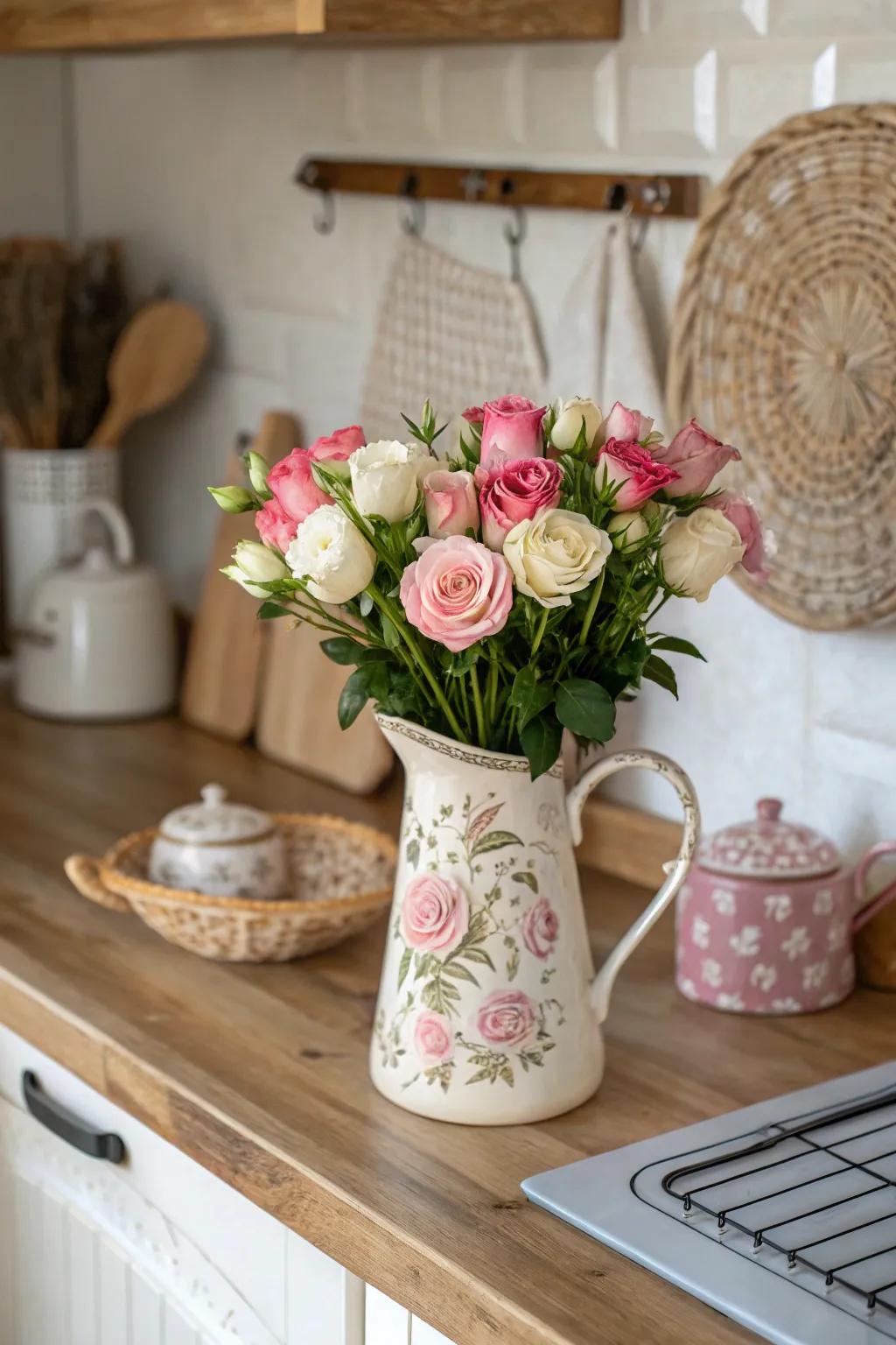 Rustic appeal with a ceramic vessel and delicate roses.
