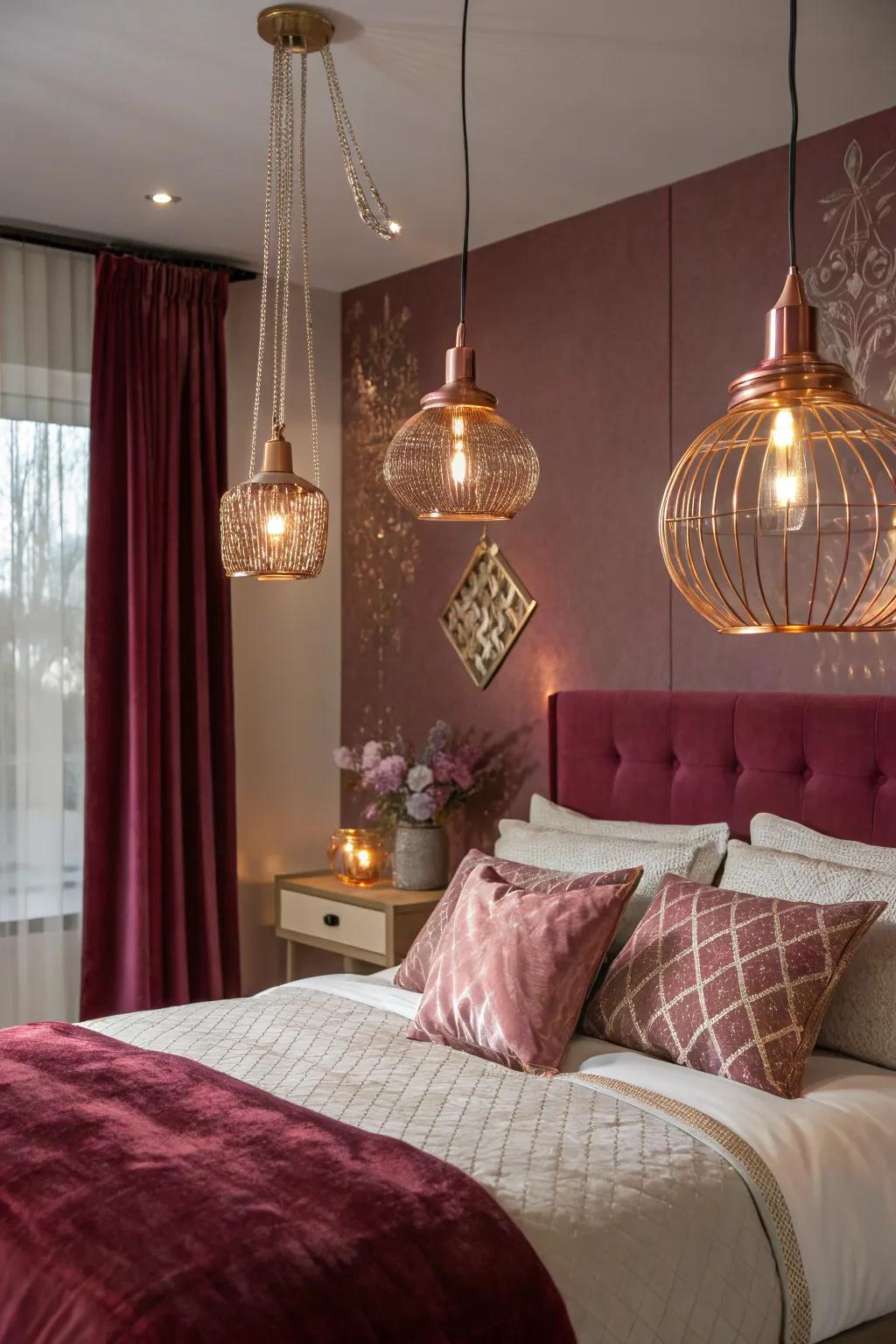 Pink-tinted gold lighting brings a sense of elegance and warmth to the bedroom.