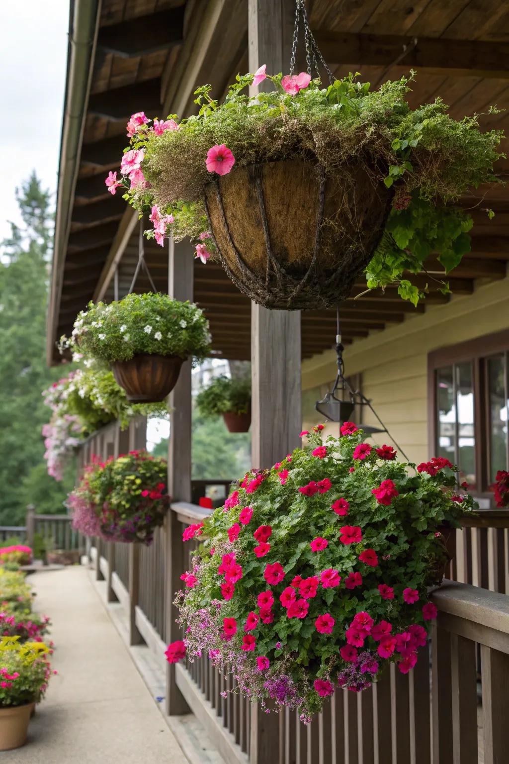 Enliven your porch with hanging sun plant displays.
