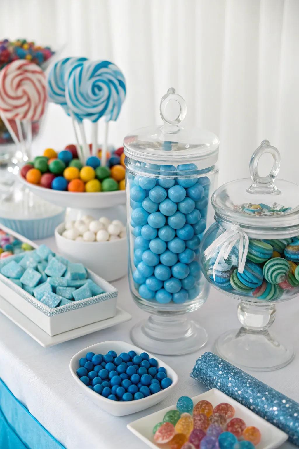 A diverse selection of blue-toned sweets, providing both vibrancy and texture to the table.