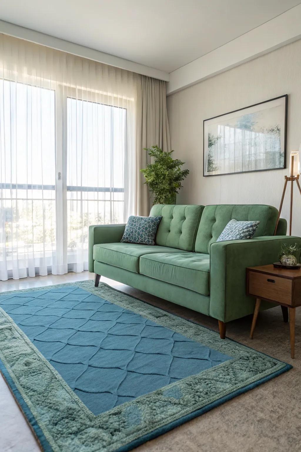 Cool blues make for a lively contrast with a green sofa.