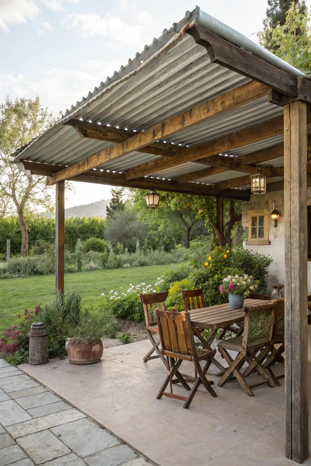 Crimped metal paired with wood results in a chic, rustic atmosphere.