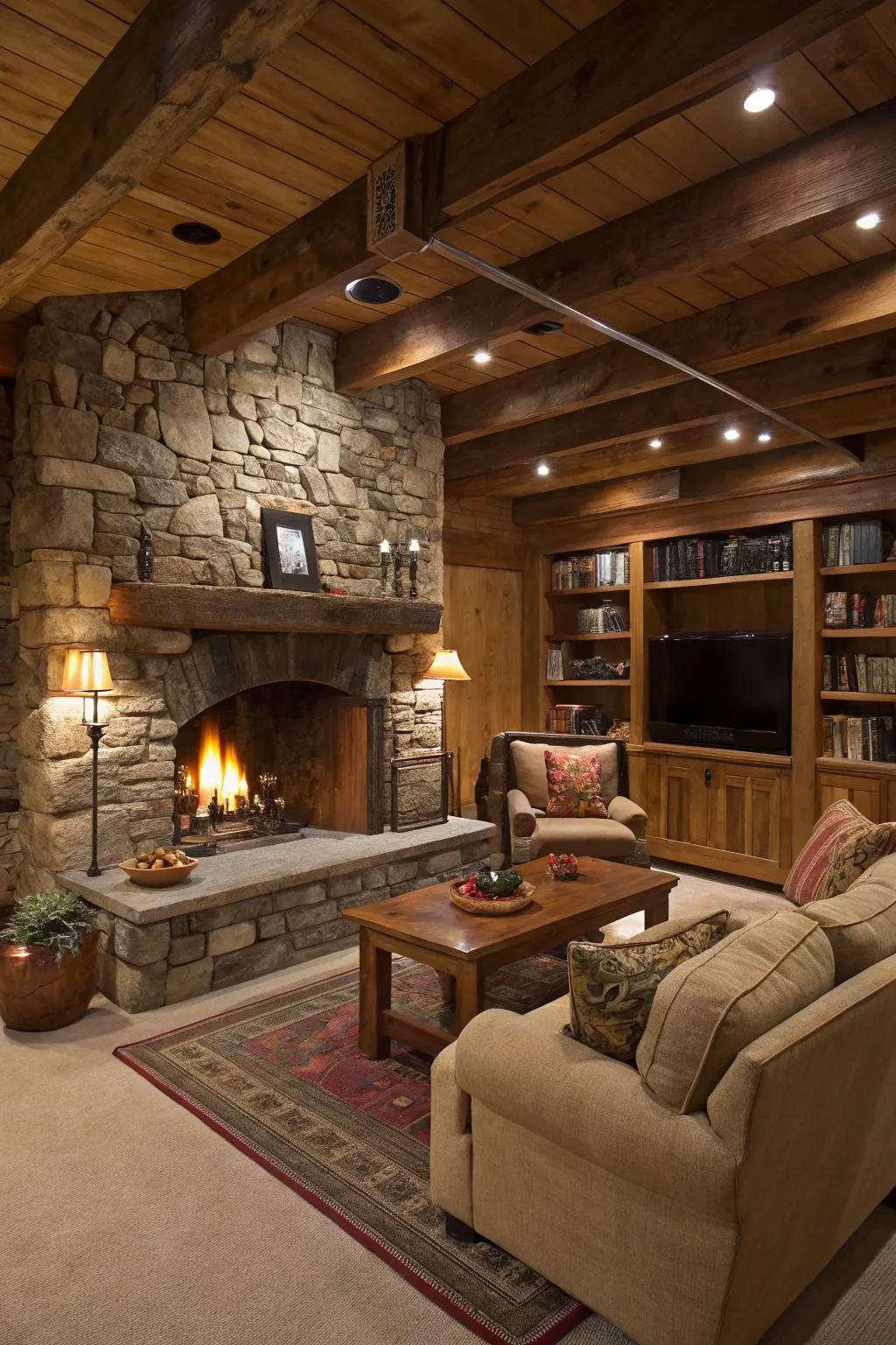 A stone fireplace creates a cozy centerpiece in a rustic basement.