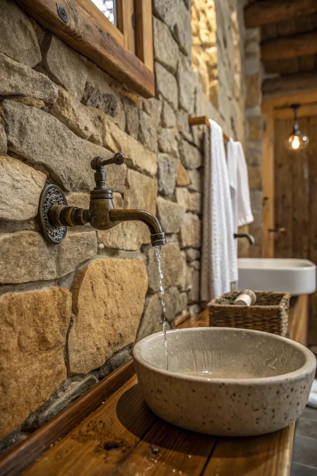 Wall-attached water spouts deliver a streamlined, rustic appearance.