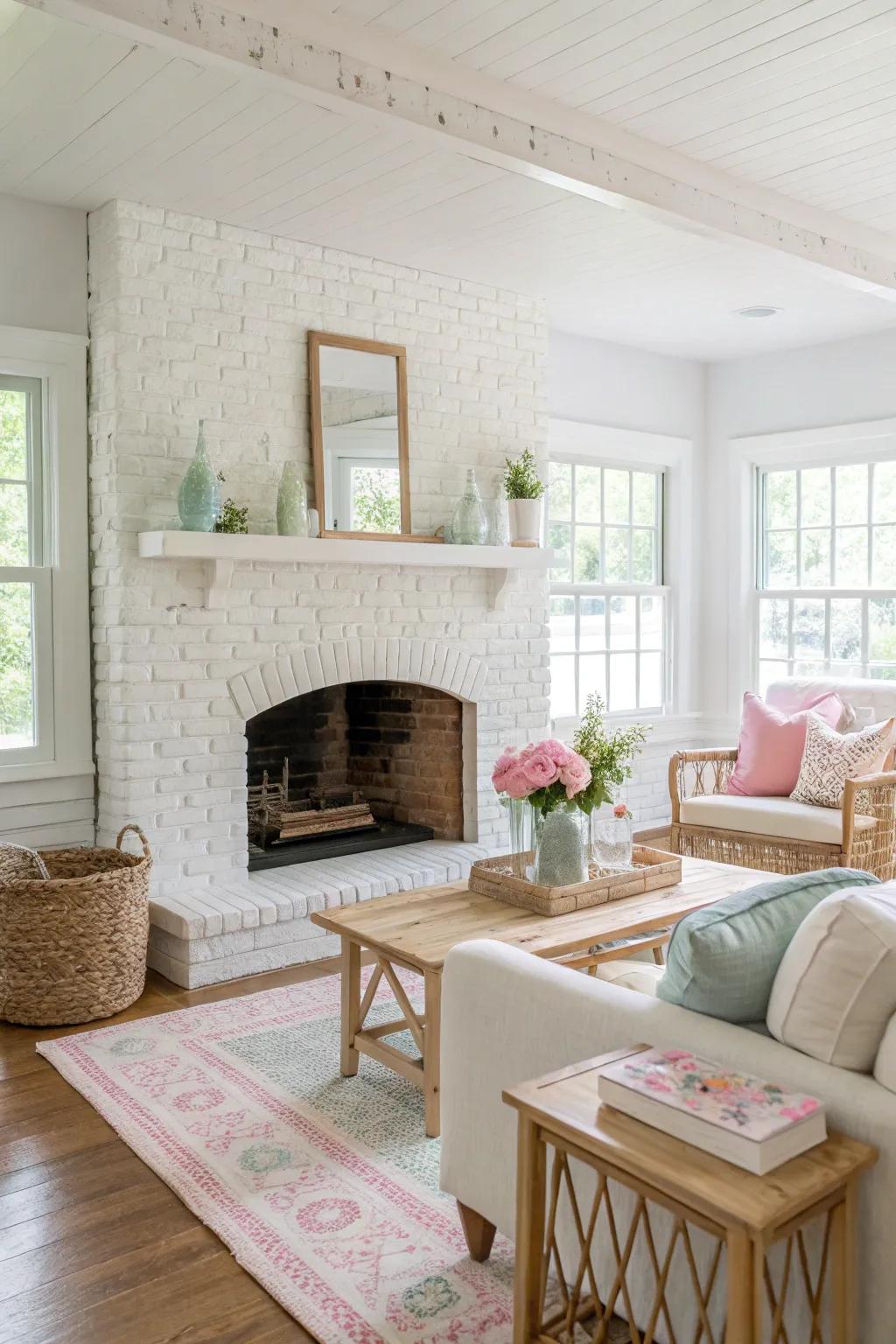 Whitewashed brick fireplace creates a light and refreshing atmosphere.