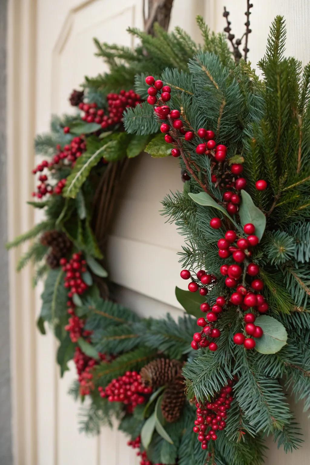 Red berries add a fun touch to the rural wreath.