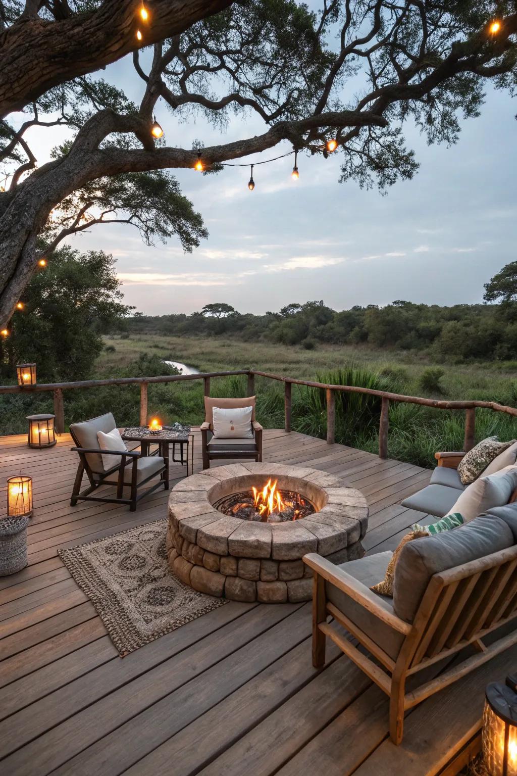The bonfire area makes a warm centerpiece on this country deck.